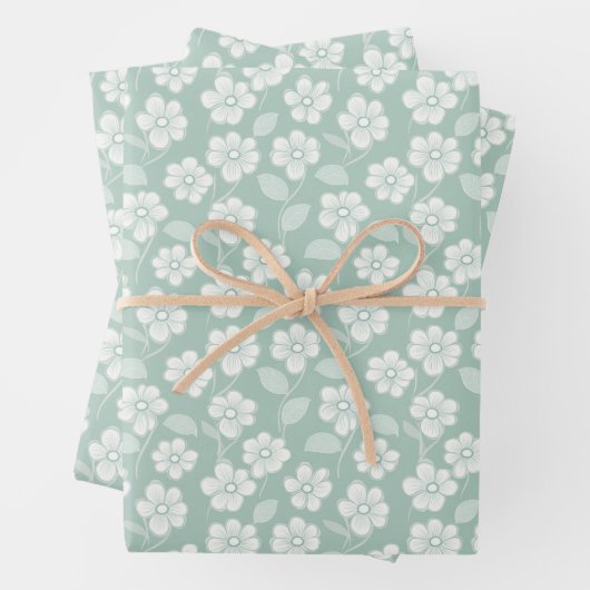 おしゃれなグリーンとホワイトのボヘミアンフラワーズ ベイビーシャワー 誕生日 ラッピングペーパーシート (インサイチュ)
