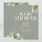 おしゃれなグリーンと植物のQRコードベビーシャワー 招待状 (正面/裏面)