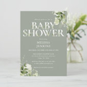 おしゃれなグリーンと葉のニュートラルなベビーシャワー 招待状 (スタンド正面)