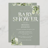 おしゃれなグリーンと葉のニュートラルなベビーシャワー 招待状 (正面/裏面)