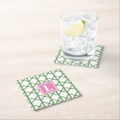 おしゃれなグリーンのトレリス竹柄のイニシャル スクエアペーパーコースター (インサイチュ)