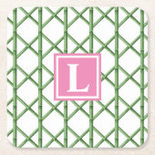 おしゃれなグリーンのトレリス竹模様のモノグラム スクエアペーパーコースター (正面)
