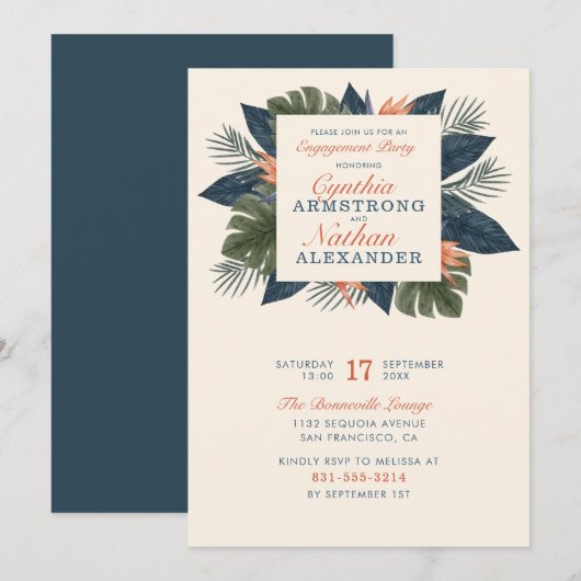 おしゃれなグリーンのトロピカルリーフユニークエンゲージメントパーティー 招待状 (正面/裏面)