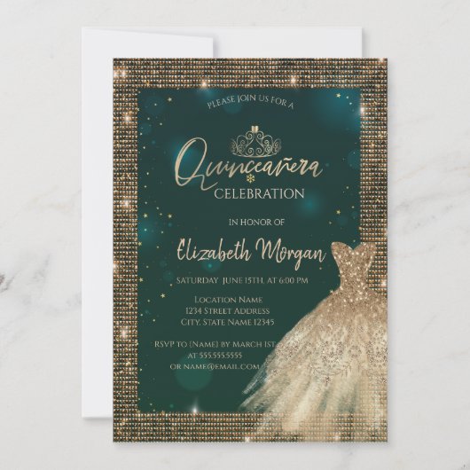おしゃれなグリーンゴールドのドレスとティアラ、ダイヤモンドのキンセアニエラ 招待状 (正面)