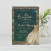 おしゃれなグリーンゴールドのドレスとティアラ、ダイヤモンドのキンセアニエラ 招待状 (スタンド正面)