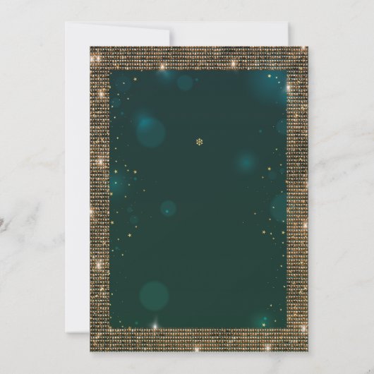 おしゃれなグリーンゴールドのドレスとティアラ、ダイヤモンドのキンセアニエラ 招待状 (裏面)