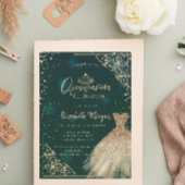 おしゃれなグリーンゴールドのドレスとティアラ、ダイヤモンドのキンセアニエラ 招待状