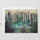 おしゃれなグリーンターコイズゴールドのグリッター垂れ込み サンキューカード (正面)