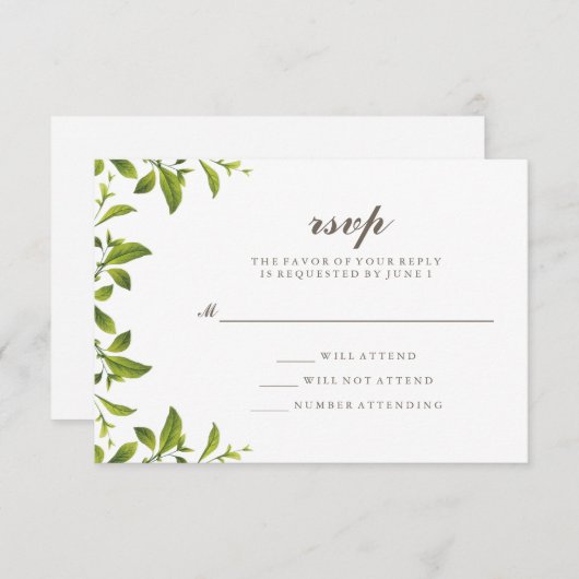 おしゃれなグリーンボタニカルリーフウェディング出欠確認カード 出欠カード (正面/裏面)