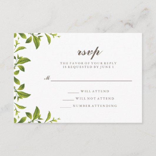 おしゃれなグリーンボタニカルリーフウェディング出欠確認カード 出欠カード (正面)