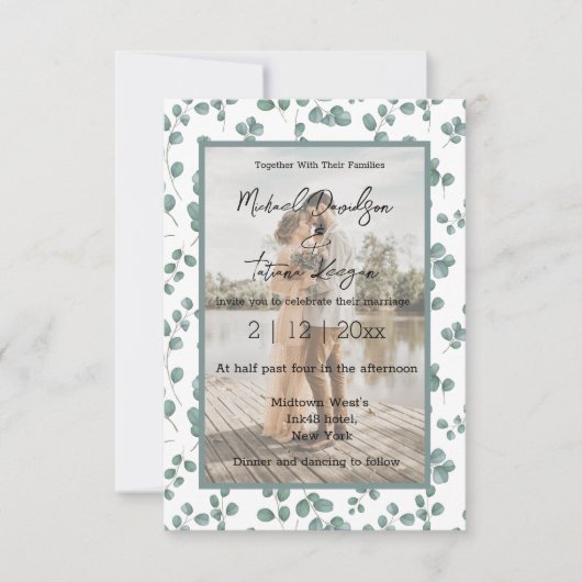 おしゃれなグリーン柄のウェディングフォト招待状 招待状 (正面)
