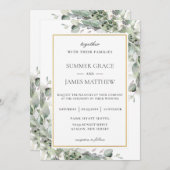 おしゃれなグリーン ゴールド セイジ グリーン 葉の ウェディング 招待状 (正面/裏面)