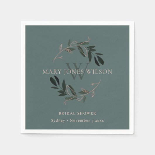 おしゃれなグリーン ブラッシュ ピンクの葉の花輪 ブライダルシャワー スタンダードカクテルナプキン (正面)