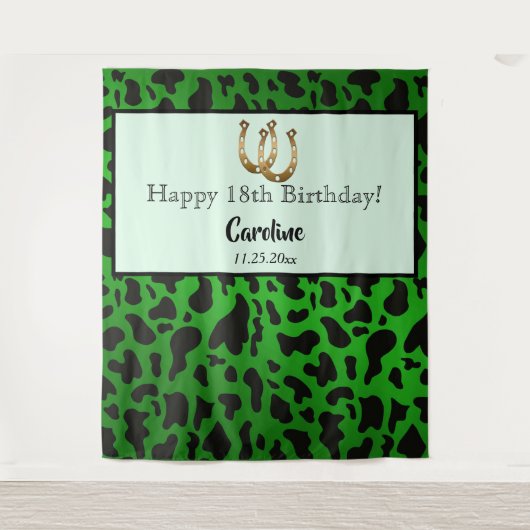 おしゃれなグリーン、牛の斑点&ゴールドの馬蹄形の誕生日 タペストリー (正面)