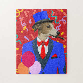 おしゃれなグレイハウンドの犬のブルースーツの誕生日ジグソーパズル ジグソーパズル