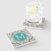 おしゃれなグレーとターコイズのダマスク柄カスタムモノグラム ストーンコースター (横)