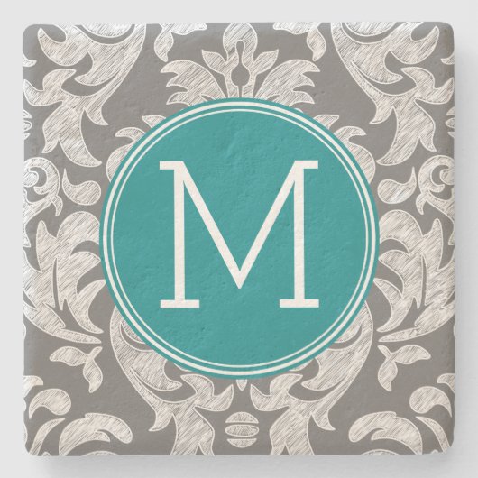 おしゃれなグレーとターコイズのダマスク柄 オーダーメイドモノグラム ストーンコースター (正面)