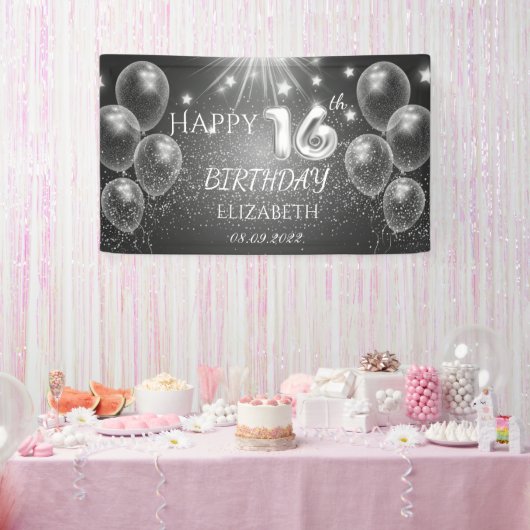 おしゃれなグレー風船と星 16歳の誕生日 横断幕 (パーティー)