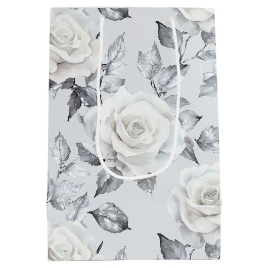 おしゃれなグレー シルバー ホワイト フラワー ウェディング ミディアムペーパーバッグ (裏面)