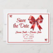 おしゃれなコケッタ レッド リボン 結婚式招待状 セーブザデート (正面)