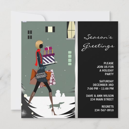 おしゃれなコスモポリタン ブラック グリーン クリスマスパーティー 招待状 (正面)