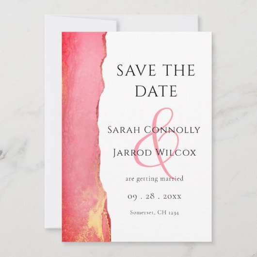 おしゃれなコーラルピンクのウェディングフラットセーブザデートカード セーブザデート (正面)