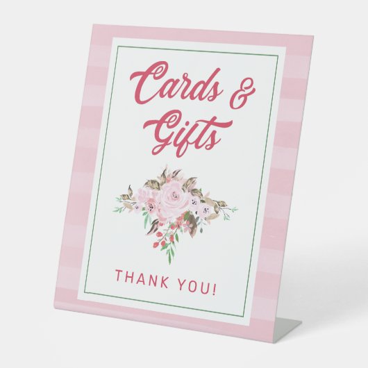 おしゃれなコーラルミント＆ブラッシュピンクの花柄カード＆ギフト 台座サイン (正面)