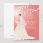 おしゃれなコーラル色の背景の ブルネット花嫁の結婚式前パーティー招待状 招待状 (正面/裏面)