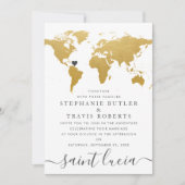 おしゃれなゴールドとグレイの世界地図ウェディング オーバーシーズ 招待状 (正面)