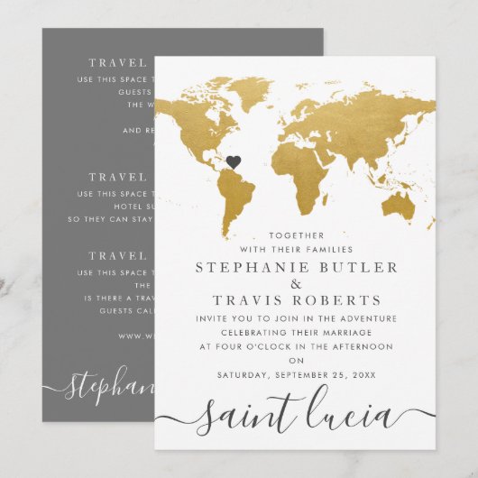 おしゃれなゴールドとグレイの世界地図ウェディング オーバーシーズ 招待状 (正面/裏面)