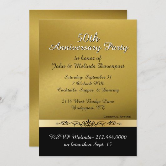 おしゃれなゴールドとブラックの50周年結婚記念日 招待状 (正面/裏面)
