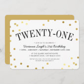 おしゃれなゴールドのコンフェッティ柄 21歳の誕生日パーティー 招待状 (正面/裏面)