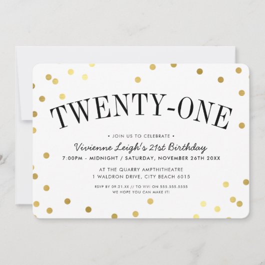 おしゃれなゴールドのコンフェッティ柄 21歳の誕生日パーティー 招待状 (正面)