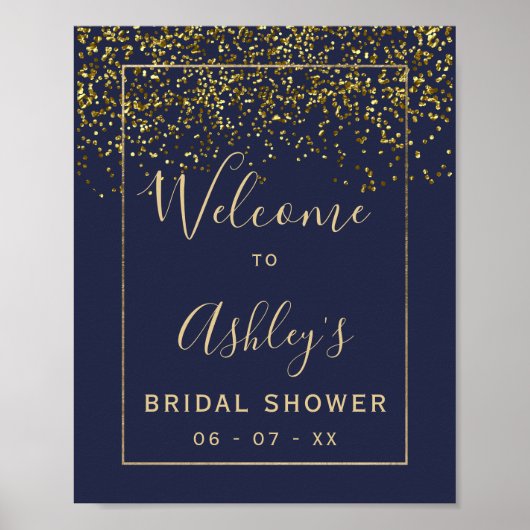 おしゃれなゴールドのコンフェッティ ネイビーブルーのウェディングシャワー歓迎 ポスター (正面)