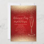 おしゃれなゴールドのコンフェッティ ワイングラス 赤 退職 招待状 (正面)