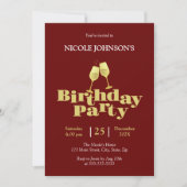 おしゃれなゴールドのシャンパン ワインレッドの誕生日パーティー 招待状 (正面)