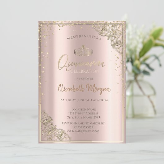 おしゃれなゴールドのティアラ、ダイヤモンド ローズゴールドのキンセアニエラ 招待状 (スタンド正面)