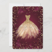 おしゃれなゴールドのドレスティアラ、赤いキンセアニエラ 招待状 (裏面)