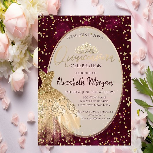 おしゃれなゴールドのドレスティアラ、赤いキンセアニエラ 招待状