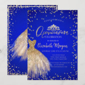 おしゃれなゴールドのドレスティアラ、青いキンセアニエラ 招待状 (正面/裏面)