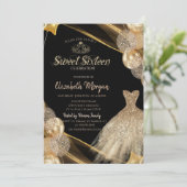 おしゃれなゴールドのドレス　ティアラ　風船　スイート16 招待状 (スタンド正面)