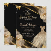 おしゃれなゴールドのドレス　ティアラ　風船　スイート16 招待状 (正面/裏面)