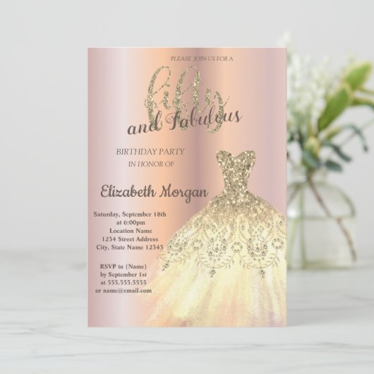 おしゃれなゴールドのドレス、ローズゴールドの50歳の誕生日パーティー 招待状 (スタンド正面)