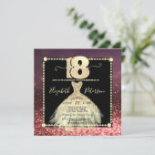 おしゃれなゴールドのドレス 輝くバーガンディ 18歳の誕生日 招待状 (スタンド正面)