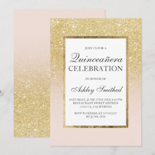 おしゃれなゴールドの女の子の輝きエレガントなクインセアニエラ 招待状 (正面/裏面)