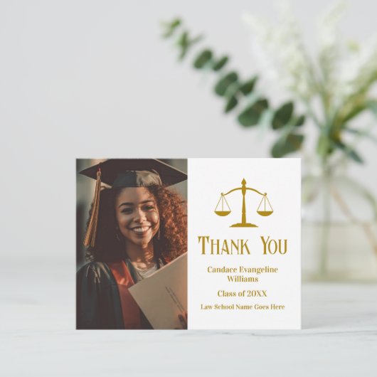 おしゃれなゴールドの法科大学院卒業写真感謝メッセージ ポストカード (スタンド正面)