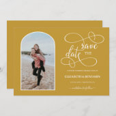 おしゃれなゴールドの白いアーチ型フレーム写真のSave the Date セーブザデート (正面/裏面)