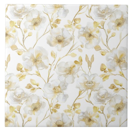 おしゃれなゴールドの白い花のブライズシャワー タイル (正面)