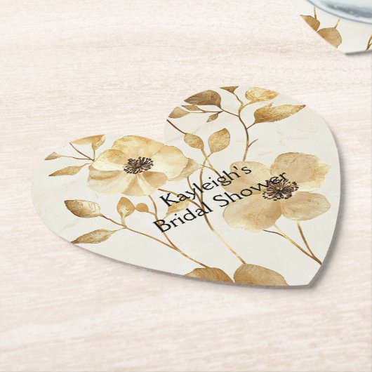 おしゃれなゴールドの花のブライダルシャワー ペーパーコースター (アングル)