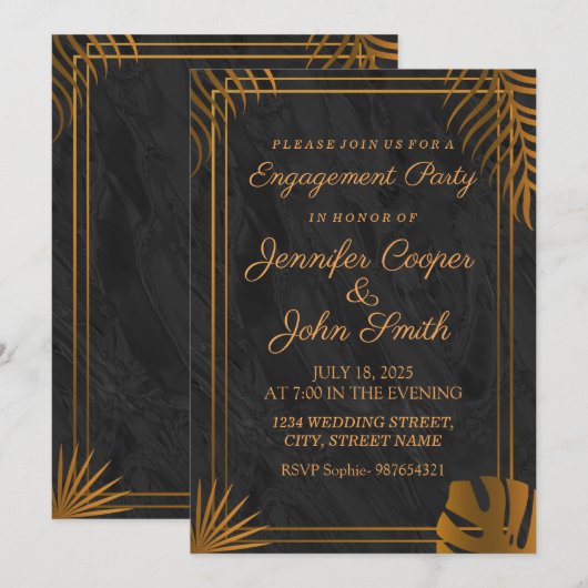 おしゃれなゴールドの葉と幾何学的なフレームのエンゲージメント 招待状 (正面/裏面)